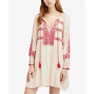 Free People Womens Wind Willow Embroidered Mini Dress Sz Small Cream Red Boho